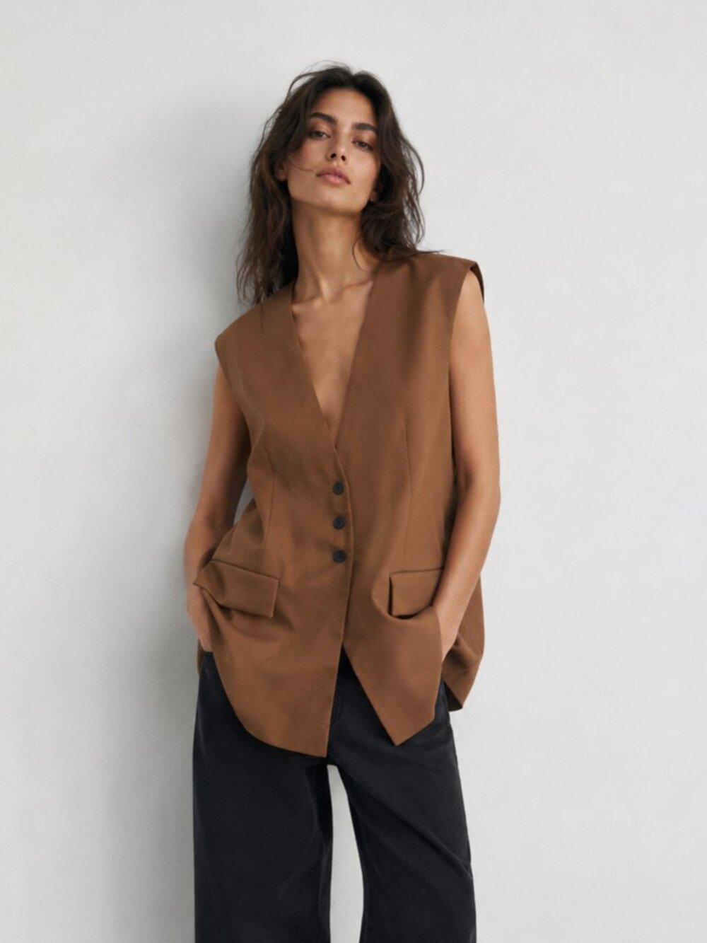 Zara Oversized Tailored Waistcoat Longline Vest Brown XS